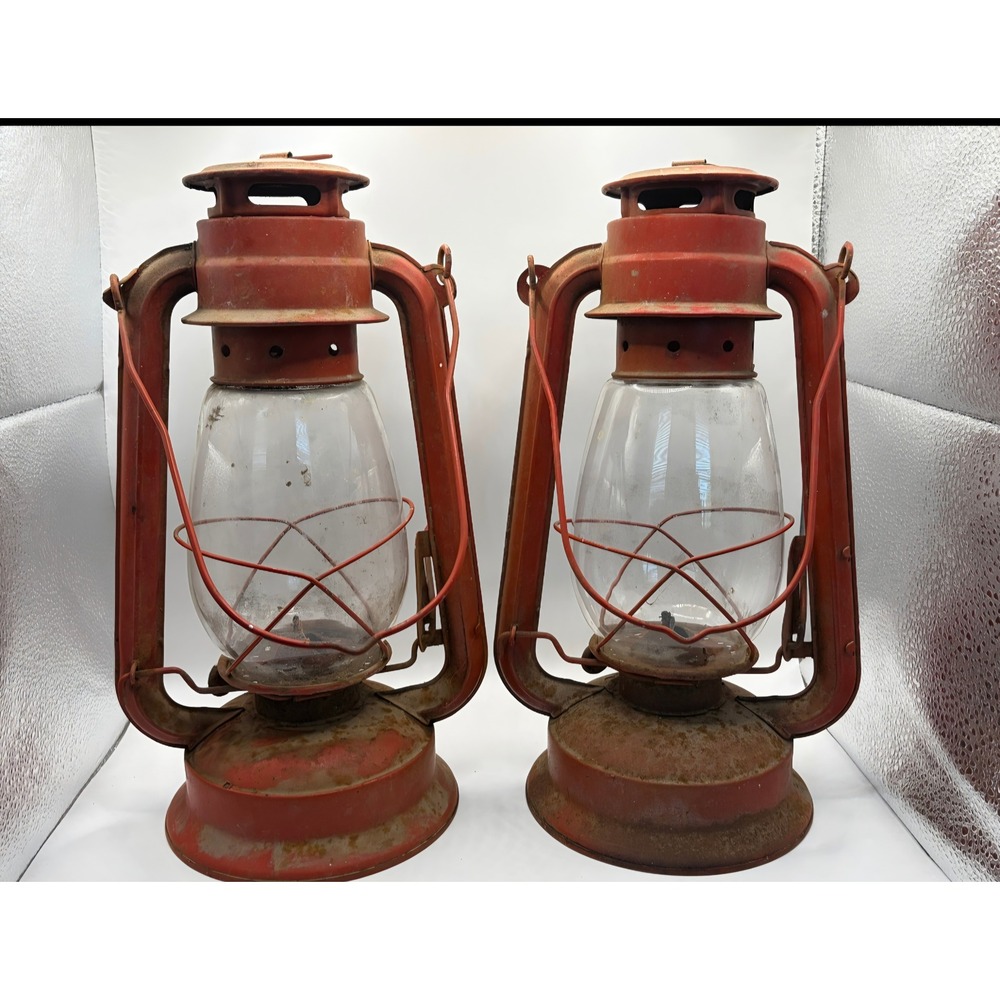 Vintage Red Hurricane Lantern Pair Rustic Metal Oil Lamps Antique FarmhouseDecor